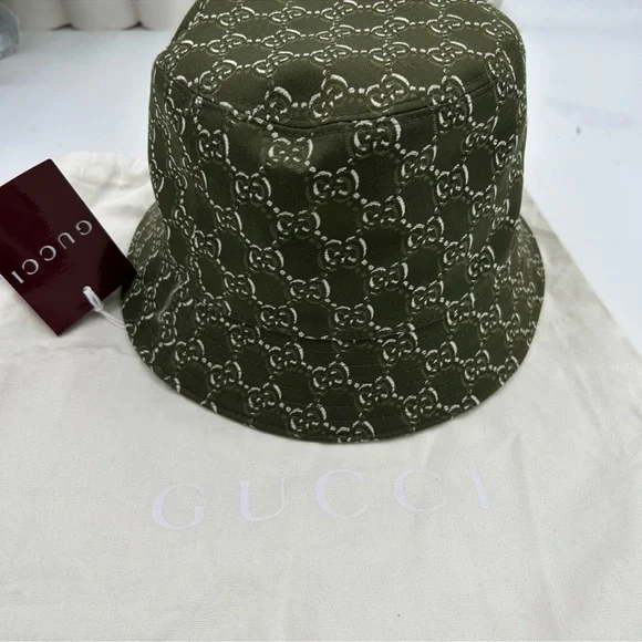 Men’s Gucci, GG shadow JACQUARD bucket, hat and olive green cotton size large - Picture 2 of 7